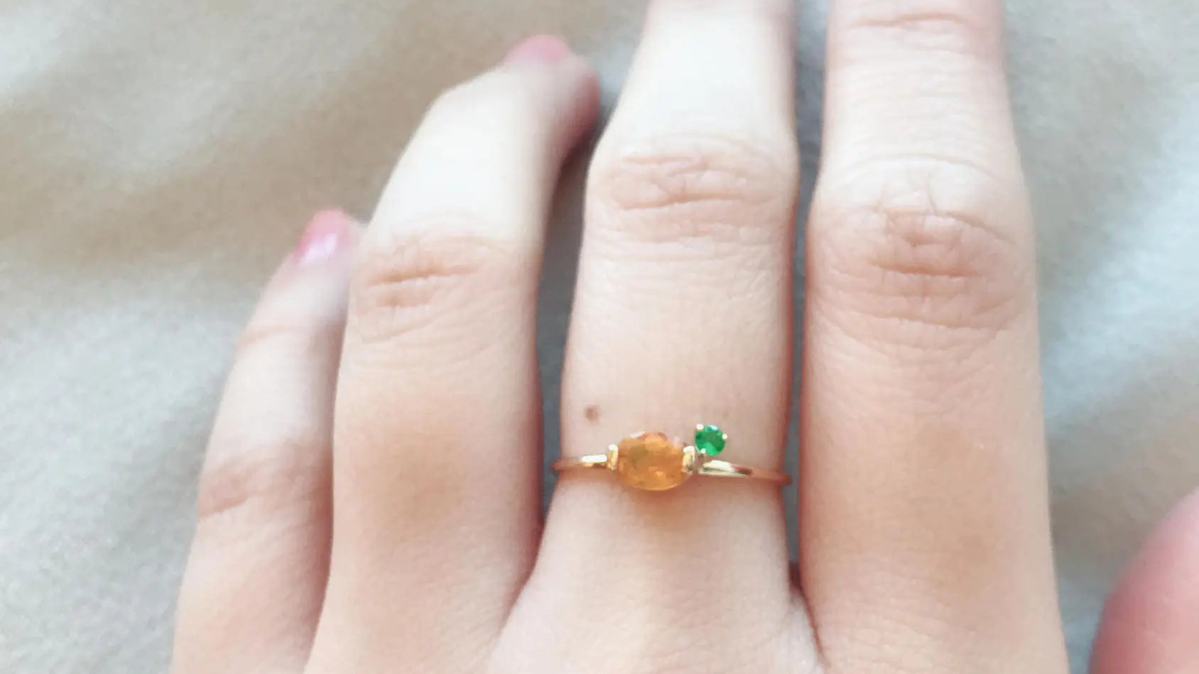 Genuine Fire Opal Emerald Horizontal Stone Ring 14K Solid Yellow Gold Ring, Minimalist Orange Opal Ring - LaCorserArtJewelry