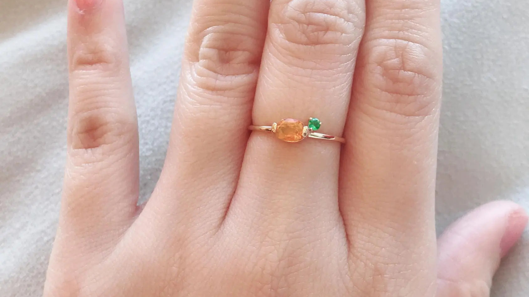 Genuine Fire Opal Emerald Horizontal Stone Ring 14K Solid Yellow Gold Ring, Minimalist Orange Opal Ring - LaCorserArtJewelry