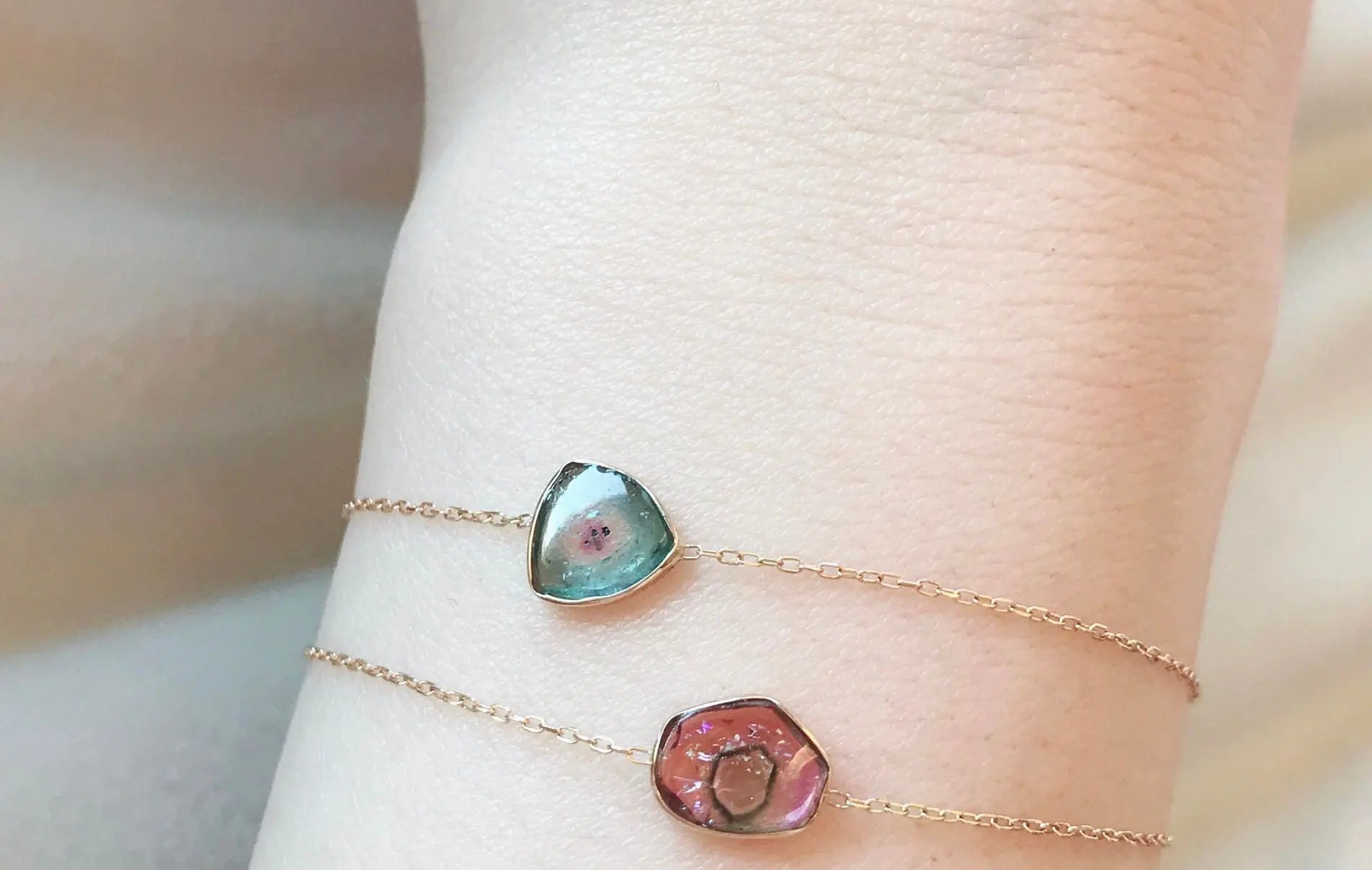 Natural Blue Pink Watermelon Tourmaline Bracelets,14k Soild Yellow Gold, Brazil Tourmaline, Charm Bracelets, Gift for her, Anniversary Gift Etsy
