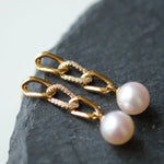 Freshwater White Pearl Earrings & Golden Chain With Diamonds 18K Solid Yellow Gold Earrings, Chunky Gold Earrings Etsy