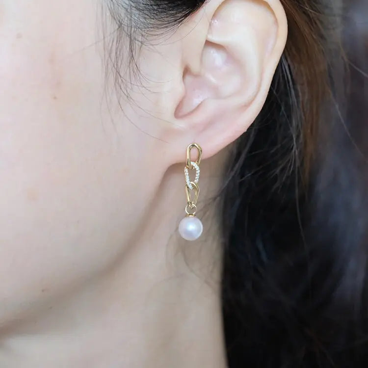 Freshwater White Pearl Earrings & Golden Chain With Diamonds 18K Solid Yellow Gold Earrings, Chunky Gold Earrings Etsy