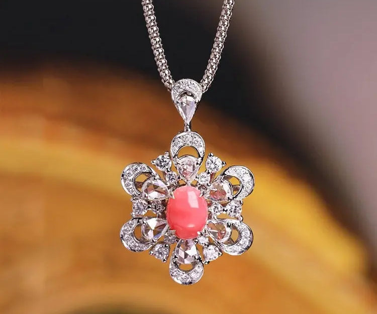 Flower Two-way Queen Conch Pearl & White Diamond Necklace (Customize) 18k Solid White Gold Necklace and Ring, Natural Queen Conch Pearl Etsy