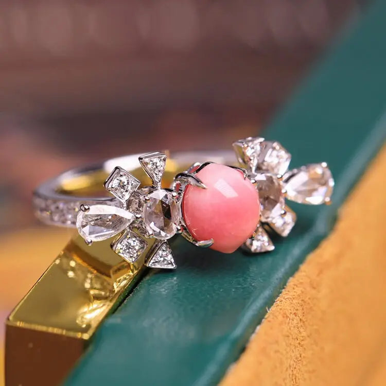 1.41Carat Queen Conch Pearl & White Diamond 18k Solid White Gold Ring, Pearls Strombus Gigas, Natural Queen Conch Pearl, Engagement Ring Etsy
