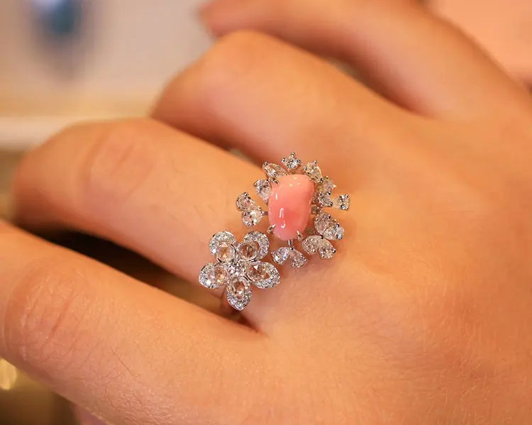 1.67Carat Queen Conch Pearl & Diamond 18k Solid White Gold Ring, Pearls Strombus Gigas, Natural Queen Conch Pearl, Engagement Ring Etsy