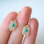 Princess Cut Emerald and Mother of Pearl Hexagon Carved18K Solid Yellow Gold Earrings, Vintage Jewelry, Gift for Her, Anniversary Gift - LaCorserArtJewelry
