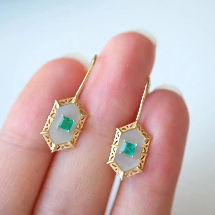 Princess Cut Emerald and Mother of Pearl Hexagon Carved18K Solid Yellow Gold Earrings, Vintage Jewelry, Gift for Her, Anniversary Gift - LaCorserArtJewelry