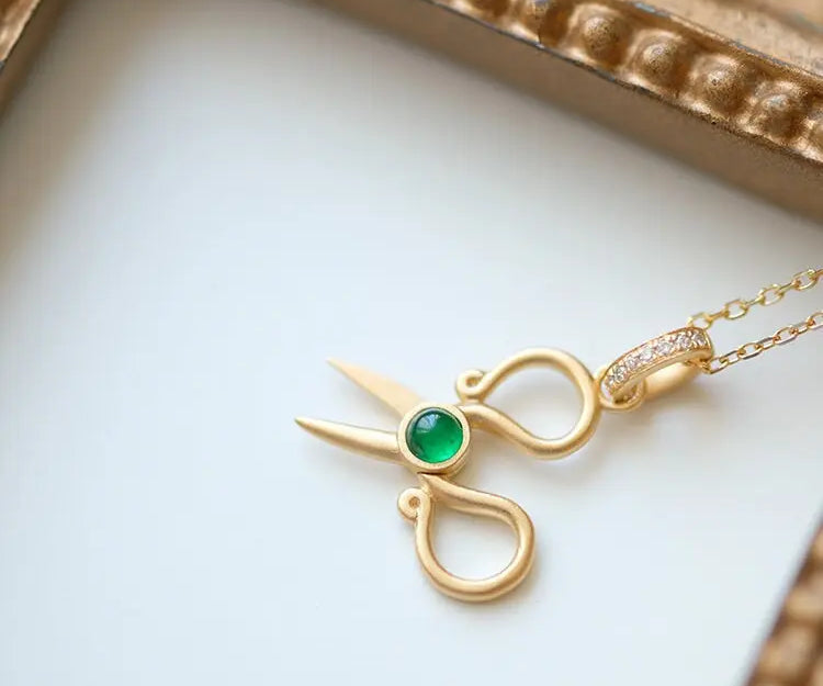 Emerald Cabochon Scissor Design Necklace - 18K Yellow Gold Etsy
