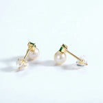 Natural Emerald High Luster Pearl 14K 18K Solid Yellow Gold Handmade Stud Earrings, Vintage Jewelry, Gift for Her, Anniversary Gift Etsy