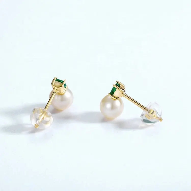 Natural Emerald High Luster Pearl 14K 18K Solid Yellow Gold Handmade Stud Earrings, Vintage Jewelry, Gift for Her, Anniversary Gift Etsy