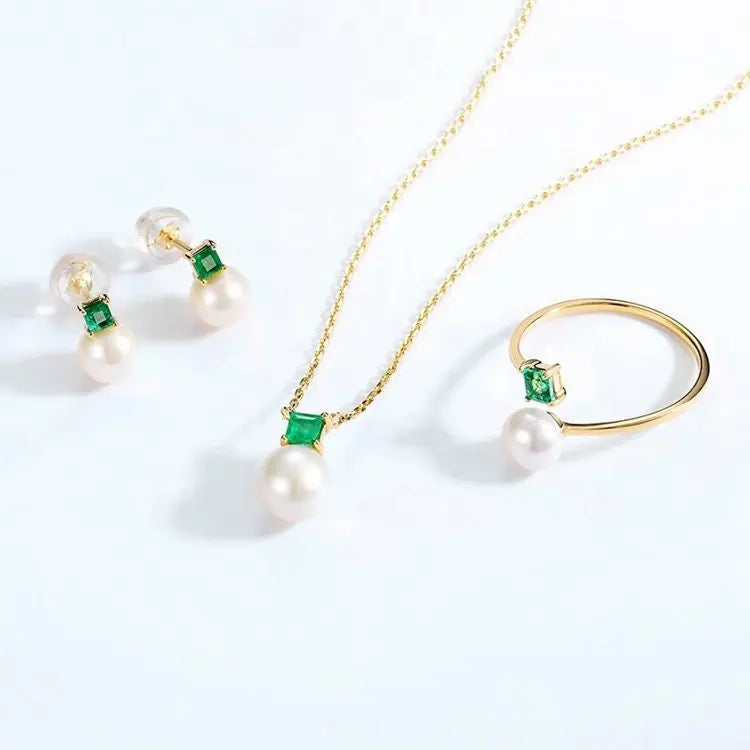Natural Emerald High Luster Pearl 14K 18K Solid Yellow Gold Handmade Stud Earrings, Vintage Jewelry, Gift for Her, Anniversary Gift Etsy