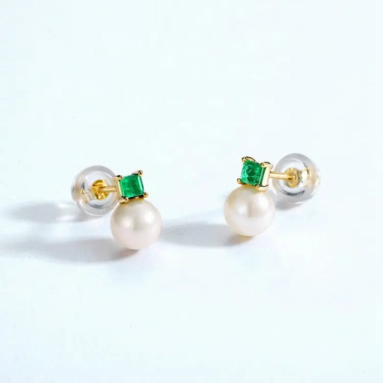 Natural Emerald High Luster Pearl 14K 18K Solid Yellow Gold Handmade Stud Earrings, Vintage Jewelry, Gift for Her, Anniversary Gift Etsy