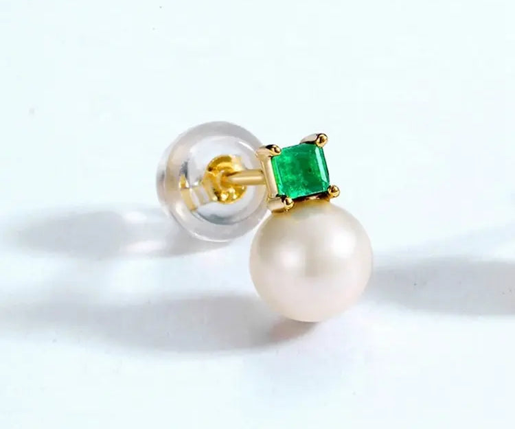 Natural Emerald High Luster Pearl 14K 18K Solid Yellow Gold Handmade Stud Earrings, Vintage Jewelry, Gift for Her, Anniversary Gift Etsy