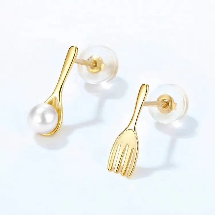 High Luster Akoya Pearl 18K Yellow Gold Cute Spoon Fork Stud Etsy