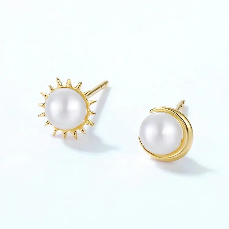 Moon and Sun High Luster Pearl with White Diamonds Handmade 14k Yellow Solid Gold Earring, Gift for Her, Anniversary Gift, Fine Jewelry Etsy