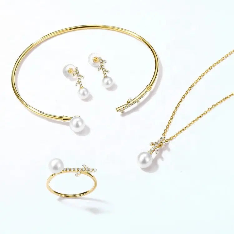 High Luster Pearl with White Diamonds Handmade 14K Yellow Solid Gold Pearl Bangles - LaCorserArtJewelry