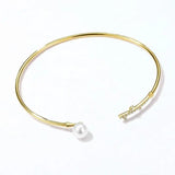 High Luster Pearl with White Diamonds Handmade 14K Yellow Solid Gold Pearl Bangles - LaCorserArtJewelry