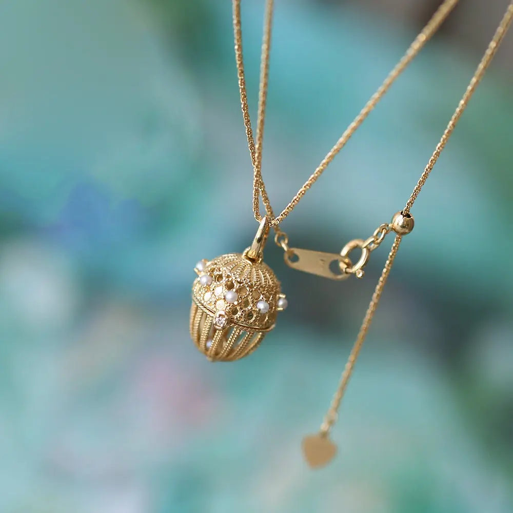 Carved Box with Akoya Pearl Handmade 18K Yellow Solid Gold Carved Necklace, Gift for Her, Anniversary Gift, Gift Idea, Retro Jewelry Etsy