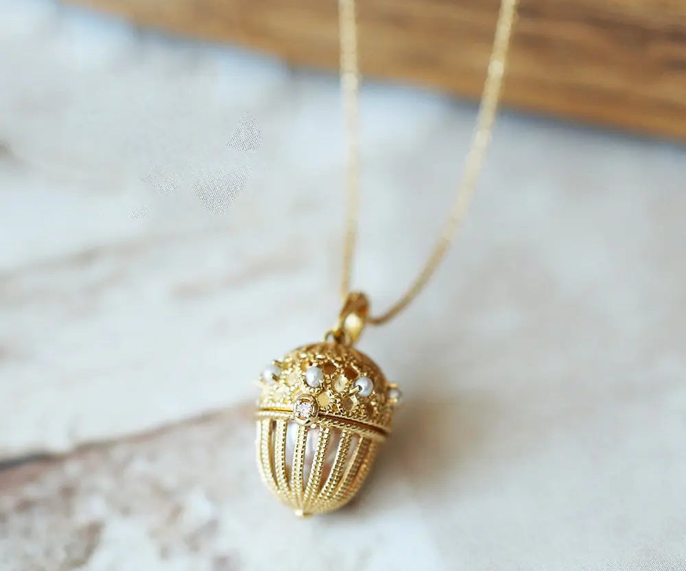 Carved Box with Akoya Pearl Handmade 18K Yellow Solid Gold Carved Necklace, Gift for Her, Anniversary Gift, Gift Idea, Retro Jewelry Etsy