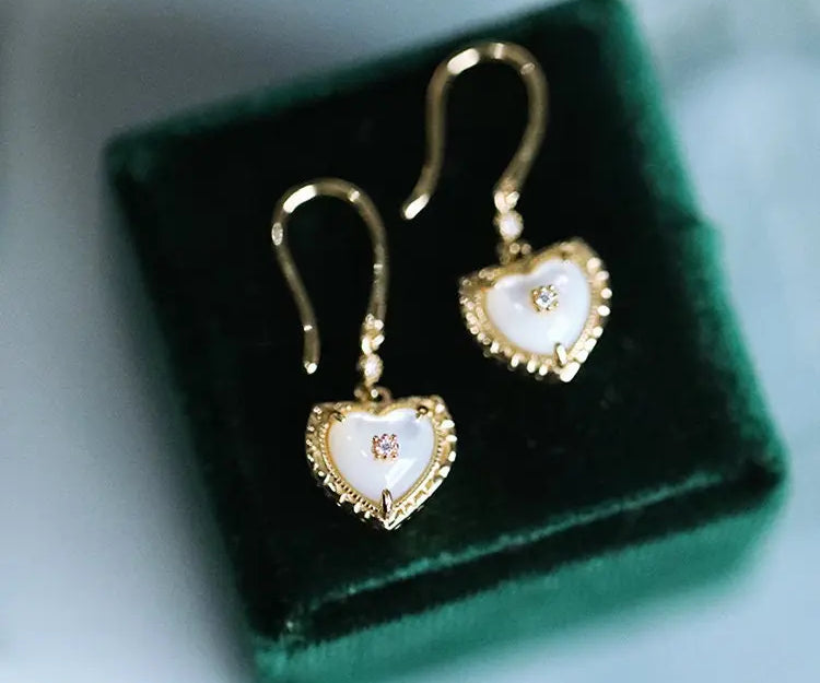 Natural Mother of Pearl & White Diamond Earring 14K Yellow Gold Plated Vermeil Pearl Heart Earrings, Anniversary Gift Idea, Retro Jewelry Etsy