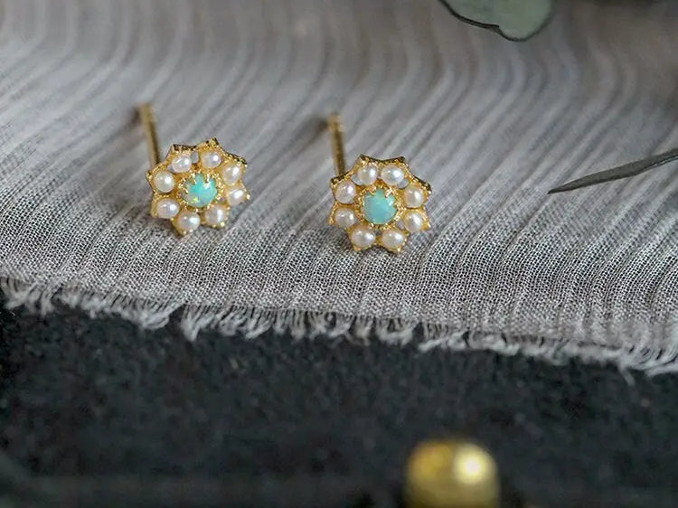 Bead Pearl with Opal 14K Yellow Gold Plated Vermeil Pearl Earrings, Opal Earrings, Anniversary Gift, Retro Jewelry Etsy