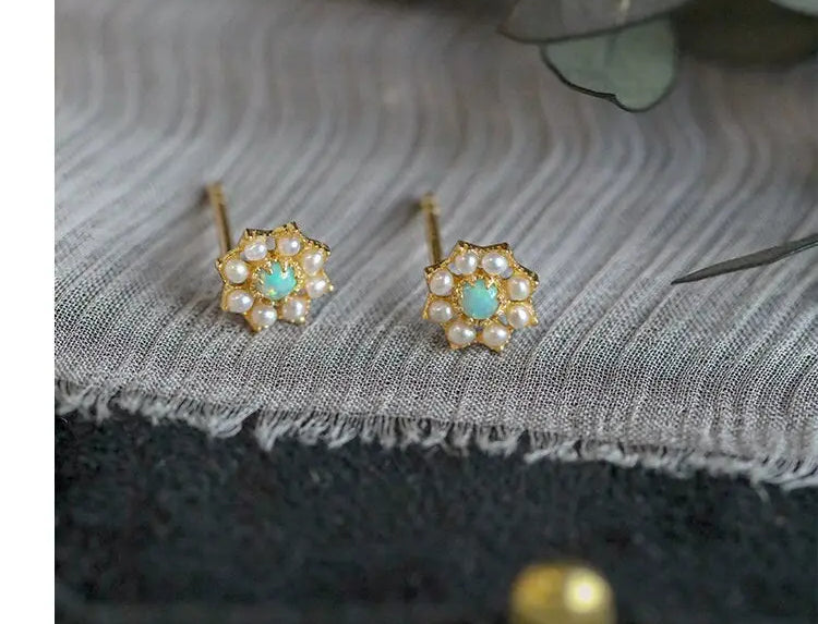 Bead Pearl with Opal 14K Yellow Gold Plated Vermeil Pearl Earrings, Opal Earrings, Anniversary Gift, Retro Jewelry Etsy