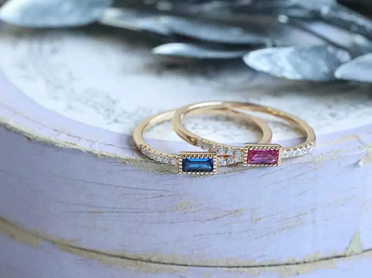 Blue & Red Gemstone Horizontal Stone Ring Handmade 18K Yellow Gold Plated Vermeil Ring, Anniversary Gift Idea, Stackable Rings, Gift for Her - LaCorserArtJewelry