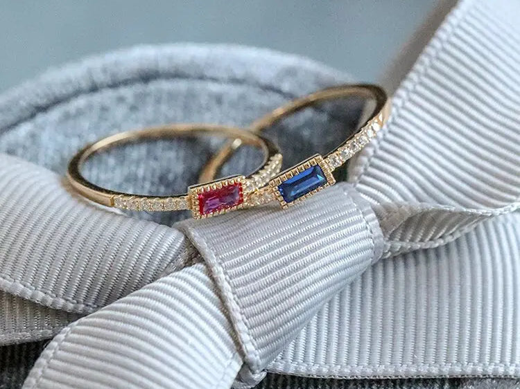 Blue & Red Gemstone Horizontal Stone Ring Handmade 18K Yellow Gold Plated Vermeil Ring, Anniversary Gift Idea, Stackable Rings, Gift for Her - LaCorserArtJewelry