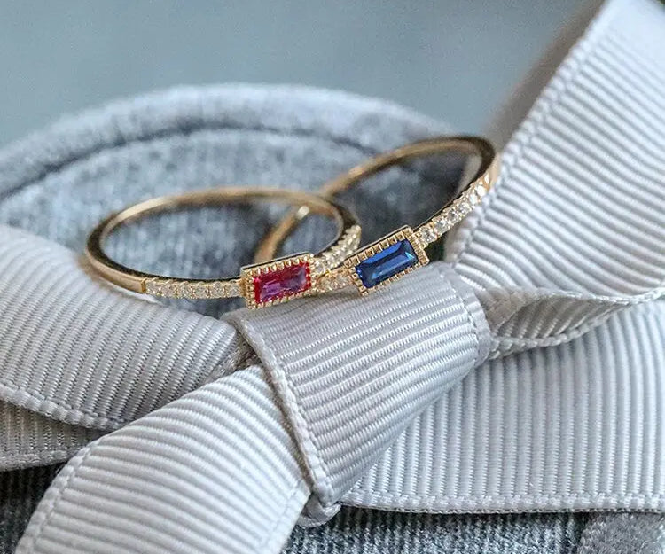 Blue & Red Gemstone Horizontal Stone Ring Handmade 18K Yellow Gold Plated Vermeil Ring, Anniversary Gift Idea, Stackable Rings, Gift for Her - LaCorserArtJewelry