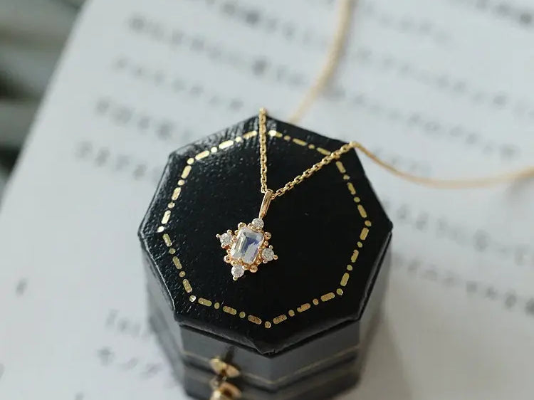 Natural Moonstone & White Diamond Handmade 18k Solid Yellow Gold Moonstone Necklace, Gift for Her, Anniversary Gift Idea, Retro Fine Jewelry Etsy