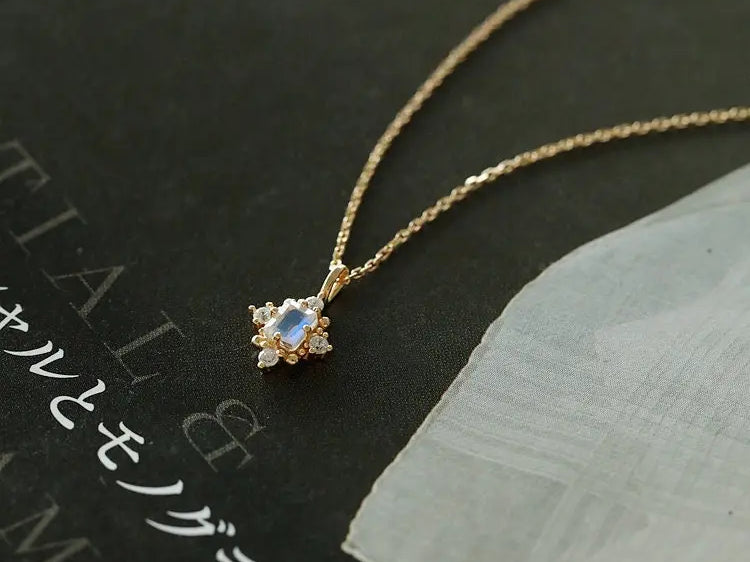 Natural Moonstone & White Diamond Handmade 18k Solid Yellow Gold Moonstone Necklace, Gift for Her, Anniversary Gift Idea, Retro Fine Jewelry Etsy