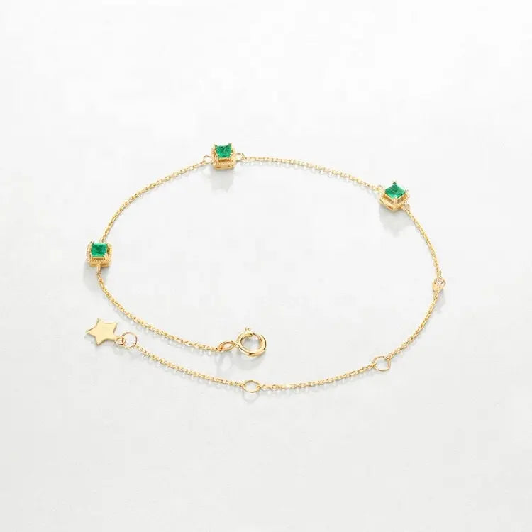Three Emerald with White Diamonds Handmade 18k Yellow Solid Gold Bracelet, Gift for Her, Anniversary Gift, Fine Jewelry, Adjustable Bracelet Etsy