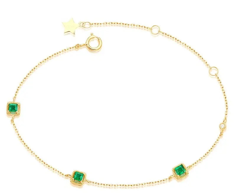 Three Emerald with White Diamonds Handmade 18k Yellow Solid Gold Bracelet, Gift for Her, Anniversary Gift, Fine Jewelry, Adjustable Bracelet Etsy