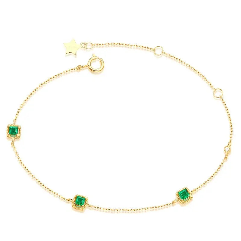 Three Emerald with White Diamonds Handmade 18k Yellow Solid Gold Bracelet, Gift for Her, Anniversary Gift, Fine Jewelry, Adjustable Bracelet Etsy