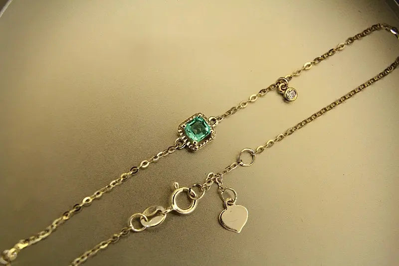 Emerald with White Diamonds Handmade 18k Yellow Solid Gold Bracelet, Gift for Her, Anniversary Gift, Fine Jewelry, Adjustable Bracelet - LaCorserArtJewelry