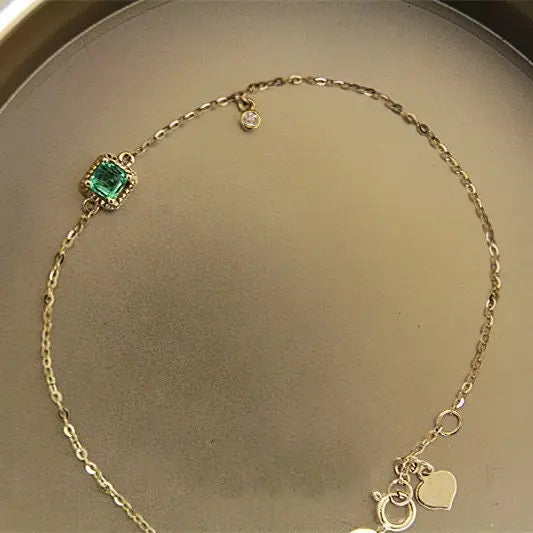 Emerald with White Diamonds Handmade 18k Yellow Solid Gold Bracelet, Gift for Her, Anniversary Gift, Fine Jewelry, Adjustable Bracelet - LaCorserArtJewelry