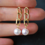 Freshwater White Pearl Earrings & Golden Chain With Diamonds 18K Solid Yellow Gold Earrings, Chunky Gold Earrings Etsy