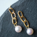 Freshwater White Pearl Earrings & Golden Chain With Diamonds 18K Solid Yellow Gold Earrings, Chunky Gold Earrings Etsy