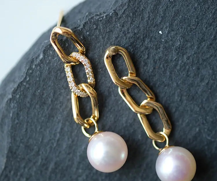 Freshwater White Pearl Earrings & Golden Chain With Diamonds 18K Solid Yellow Gold Earrings, Chunky Gold Earrings Etsy