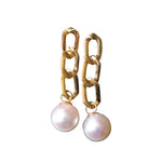 Freshwater White Pearl Earrings & Golden Chain With Diamonds 18K Solid Yellow Gold Earrings, Chunky Gold Earrings Etsy
