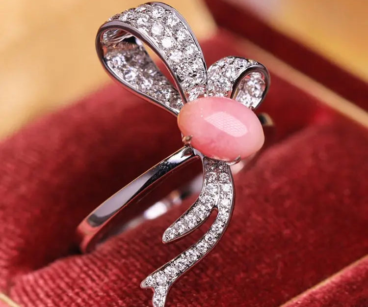 Bowknot Queen Conch Pearl & White Diamond 18k Solid White Gold Ring (Customize) Pearls Strombus Gigas, Natural Queen Conch Pearl Engagement Etsy