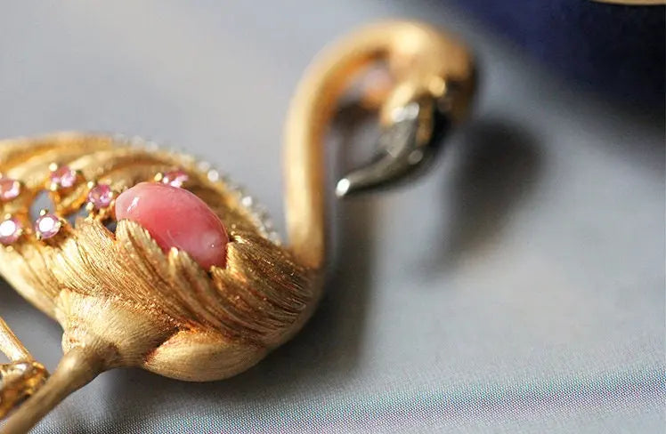 Crane Queen Conch Pearl & Pink Sapphire White Diamond 18k Solid Yellow Gold Brooch, Natural Queen Conch Pearl, Fine Jewelry Etsy