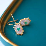 Princess Cut Emerald and Mother of Pearl Hexagon Carved18K Solid Yellow Gold Earrings, Vintage Jewelry, Gift for Her, Anniversary Gift - LaCorserArtJewelry