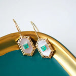 Princess Cut Emerald and Mother of Pearl Hexagon Carved18K Solid Yellow Gold Earrings, Vintage Jewelry, Gift for Her, Anniversary Gift - LaCorserArtJewelry