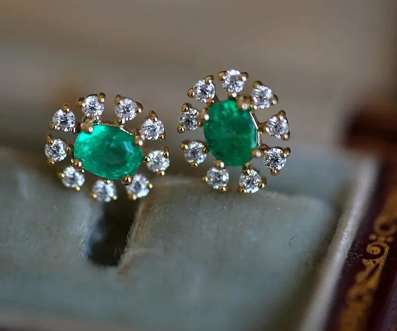 Emerald with Diamond 14k Yellow Solid Gold Earrings, Gift for Her, Anniversary Gift, Fine Jewelry, Gift Idea - LaCorserArtJewelry