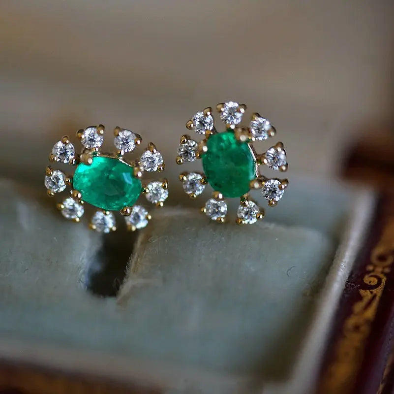 Emerald with Diamond 14k Yellow Solid Gold Earrings, Gift for Her, Anniversary Gift, Fine Jewelry, Gift Idea - LaCorserArtJewelry