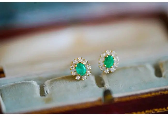 Emerald with Diamond 14k Yellow Solid Gold Earrings, Gift for Her, Anniversary Gift, Fine Jewelry, Gift Idea - LaCorserArtJewelry