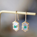 Princess Cut Emerald and Mother of Pearl Hexagon Carved18K Solid Yellow Gold Earrings, Vintage Jewelry, Gift for Her, Anniversary Gift - LaCorserArtJewelry