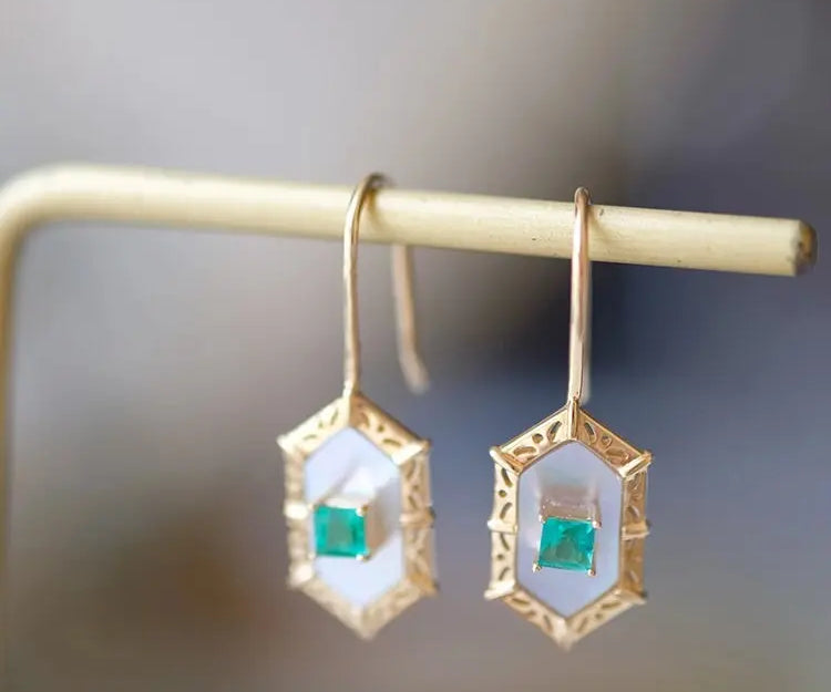 Princess Cut Emerald and Mother of Pearl Hexagon Carved18K Solid Yellow Gold Earrings, Vintage Jewelry, Gift for Her, Anniversary Gift - LaCorserArtJewelry