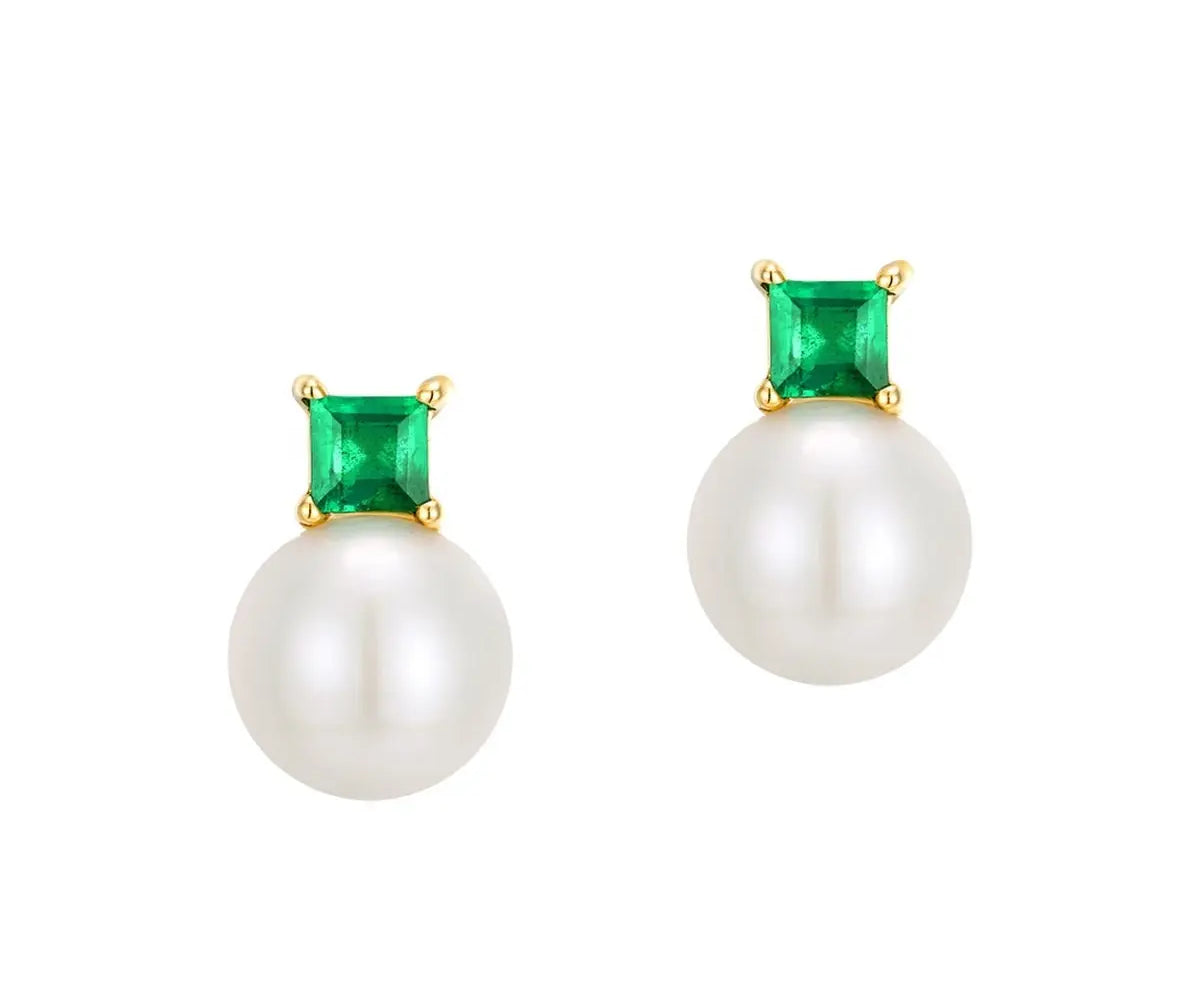 Natural Emerald High Luster Pearl 14K 18K Solid Yellow Gold Handmade Stud Earrings, Vintage Jewelry, Gift for Her, Anniversary Gift Etsy