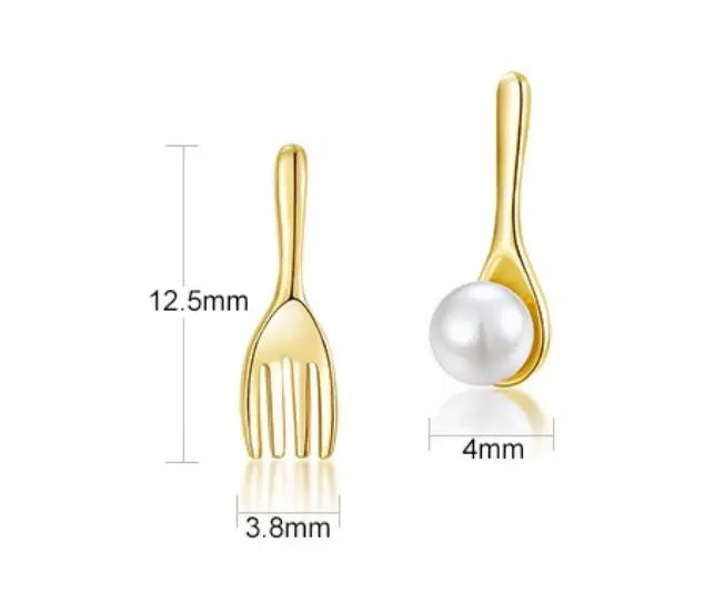 High Luster Akoya Pearl 18K Yellow Gold Cute Spoon Fork Stud Etsy